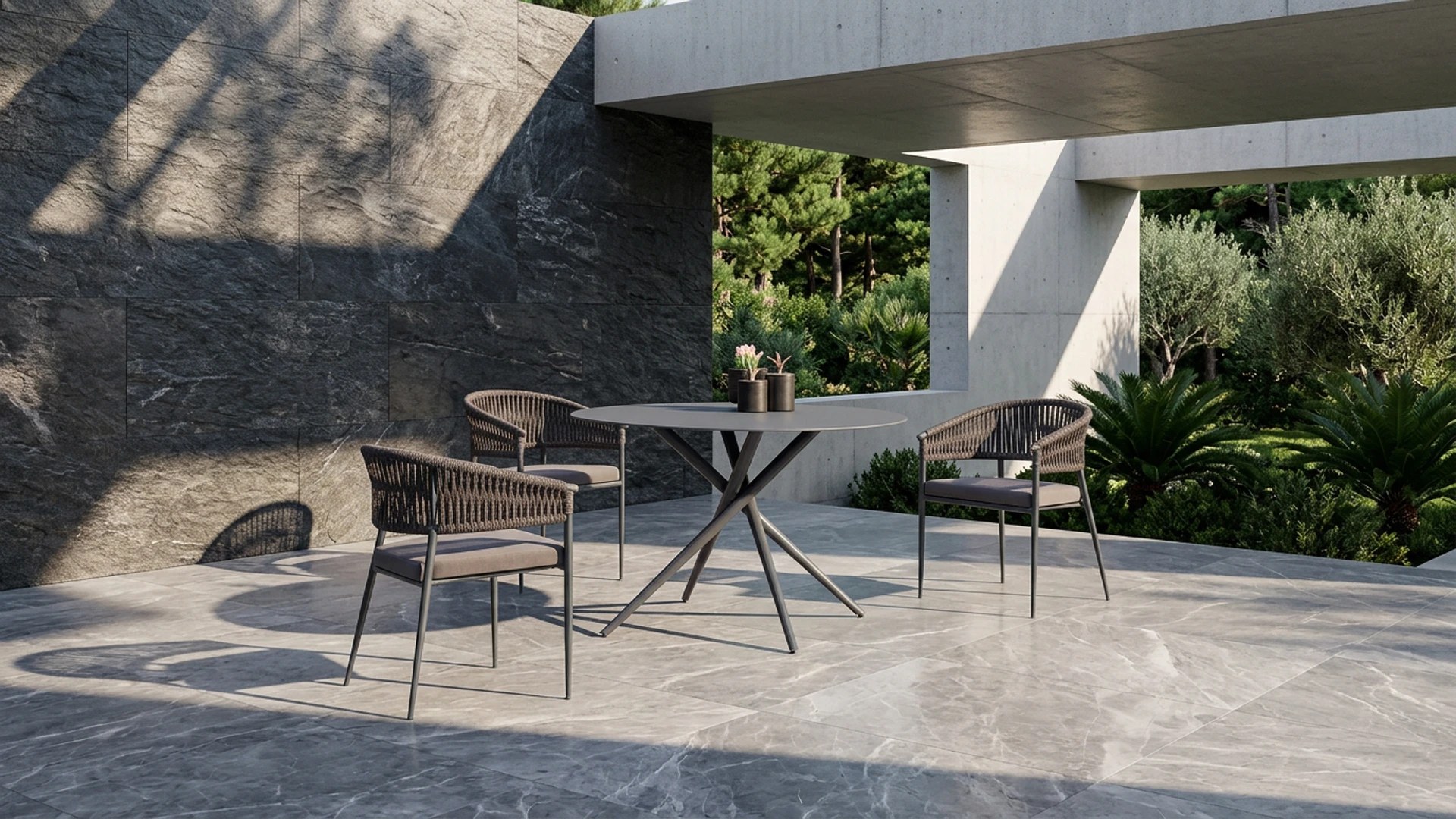 Gardenist materials: teak, aluminium, fabric, rope, sandstone, rattan, ceramic, textilene
